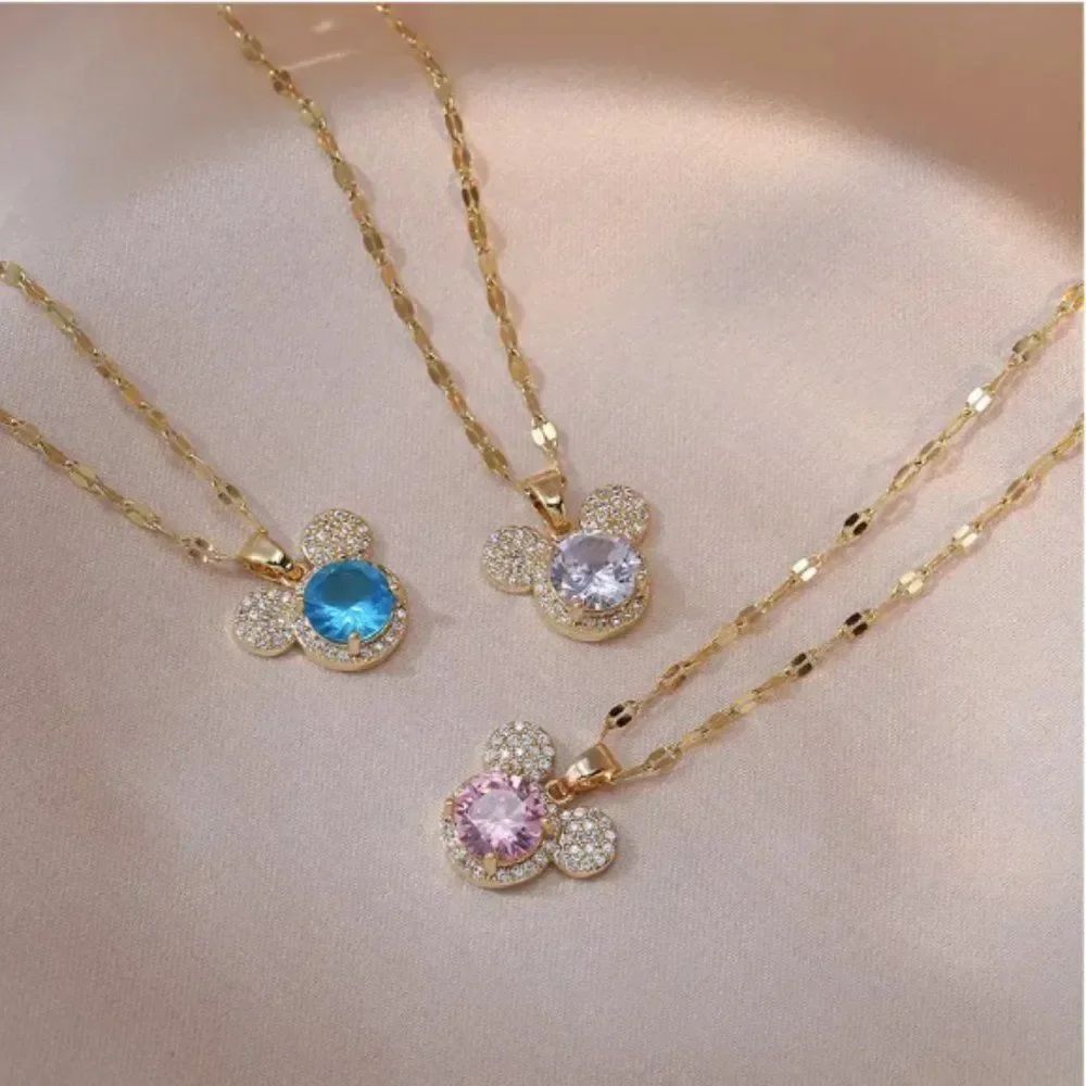 🔅🆕🔅 Mini Mouse 14K Blue Pink Clear Sparkling Zirconia Pendant GOLD Necklace✨